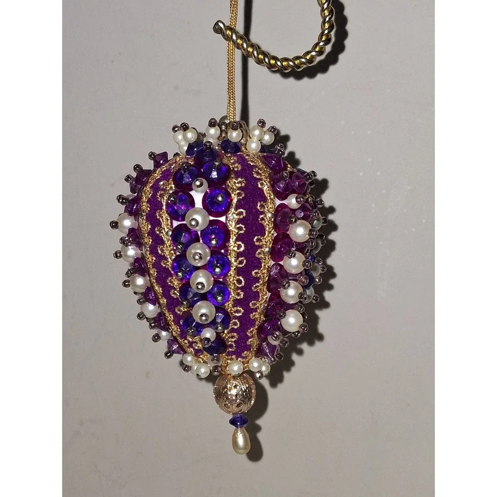Vintage Handmade Beaded Finial Christmas Ornament Purple Gold Faux Pearl Jeweled
